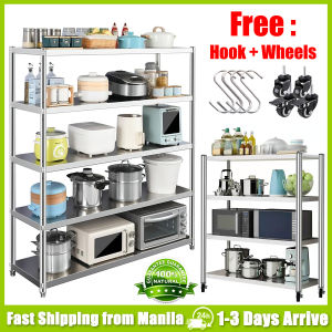 3/4/5 Layer Stainless Steel Kitchen Rack Organizer Shelf Cabinet Organizer Storage Kitchen Accessories And Organizers Floor Standing Cabinet Microwave Oven Pot Dish Bowl Rack With 4 Hooks