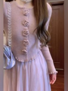 Autumn Winter New Style Pink Knitted Top High Waist Mesh Half Body Long Skirt Fairy Tale Set Womens Fashion Ensemble