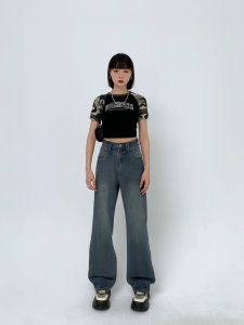 High waist jeans baggy handa na stok Jeans Wanita Model Cutbray Highwaist Blue Retro Stretchy Material