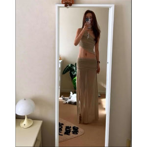 Pure Desire Spicy Girl Outfit Set Womens Slope Shoulder Sleeveless Tube Top Top plus High Waist Halter Half Skirt Two Piece Set