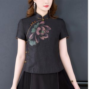 Chinese Style Turtle Pattern Fragrant Cloud Yarn Improved Cheongsam Womens Summer Ladieswear Short Elegant  Silk Chinese Tang Costume Tops