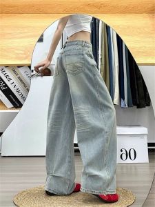 Trendy Embroidered High Waist Straight Leg Jeans Womens Small Size Spicy Girl Loose Fit Cover Hip Slim Wide Leg Pants