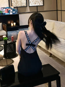 Bướm Hở Lưng Sang Trọng Nơ Kim Cương Được Tưởng Tượng Đầm Nữ Mũi Khoan Móng Tay Pháp Vòng Eo Tiệc Cinched Màu Đen Đầm