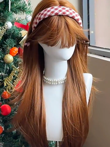 long straight hair orange-brown wig with bangs full-length wig for women high-end Lolita  daily beauty wig full head set