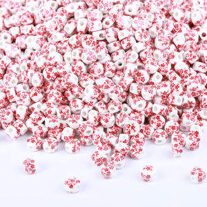 8mm Vintage Red And White Orchid Porcelain Beads20/50Pcs Exquisite Ceramic Round Beads For DIY HandWovenKey ChainPhone Chain