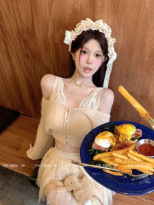 Xzy/Xin Zhengyan Loose-Fit Pure Desire Sweet and Spicy Lace Vest Knitting Tops Female Autumn Sweet Mesh Mid-Length Dress Set