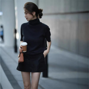 Elegant Grey High Collar mid Sleeve Knitted Base Shirt Women Loose Slimming Five Sleeve Tops Korean Style Commute Fashion