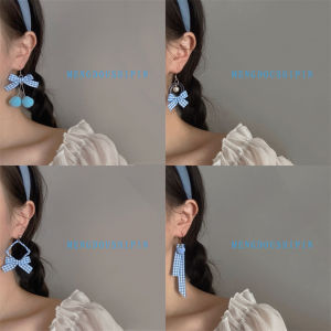 Cute Bean Decorations Pastel Blue Plaid Holiday Butterfly Knot Soft Girl Square Grid Ear Jewelry Sweet Style Handmade Embellishment