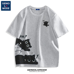 Genio Lamode Grey Short Sleeve Mens Cotton T-shirt Cat Print Youth Summer Breathable Loose Fit round Neck Top for Teens