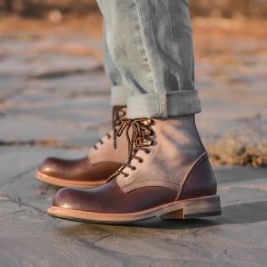 Full-grain Leather American Vintage Color Block Round Toe Martin Boots Mid-cut