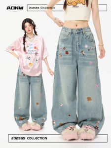Retro American Spicy Girl Slim Fit Cartoon Print Jeans Women Summer New Trendy Brand Long Pants Casual Wide Leg Natural Waist