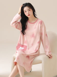 Fenteng Care Womens Long Sleeve Nightgown Dress Pure Cotton Striped Sleepwear Outerwear Spring Autumn Sweet Style Print