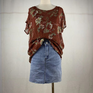 Fashionable Summer Short Sleeve Floral Print Top Chinese New Style round Neck Polyester Fiber 50cm-65cm Long Womens Shirt