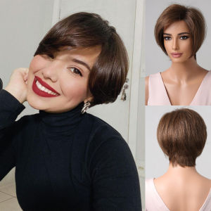 Mái Tóc Giả Pixie Bob Bằng Tóc Người Remy Màu Nâu Nhạt Có Mái Dành Cho Phụ Nữ Da Trắng Tóc Giả Ngắn Tự Nhiên Kiểu Tóc Mái Trước Dùng Hàng Ngày