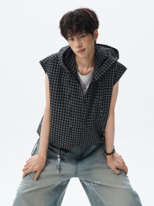 V37 | Zip Front Plaid Layered Hoodie Vest Autumn Fashionable Sleeveless Top