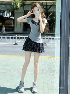 SENWA | Blue Floral Halter Summer Dress for Womens Korean Style