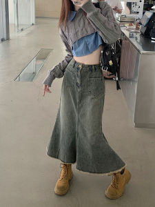 High Waist A-Line Midi Denim Skirt Womens plus Size Pear Shape Slimming Fish Tail Skirt Korean Style Commute Cotton Jeans