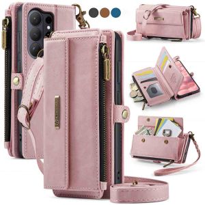 Wallet Case Compatible with for Samsung Galaxy S26/S25/S24 Ultra S26/S25/S24 Plus with RFID Blocking Card Holder Wrist Strap Shoulder Strap PU Leather Magnetic Snap Zipper Flip Phone Case Fit for Galaxy S26 (Pink)