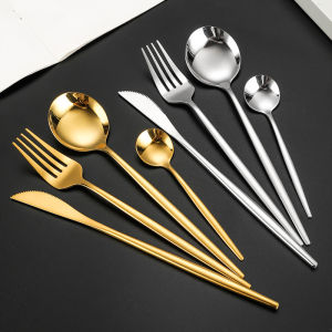 Gold Silver Stainless Steel Cutlery Long Handle High Quality Silverware Spoon Knife Fork Teaspoon Tableware