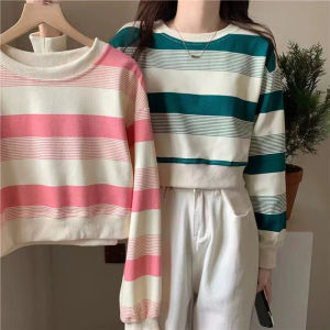 Áo Nỉ Cổ Tròn Sọc Ngắn Phong Cách Mỹ Cho Nữ Sinh 2024 Mùa Thu Mới Rộng Rãi Mỏng Dài Tay Thời Trang Áo Nỉ