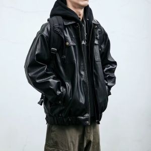Retro Biker Style Mens Leather Jacket Loose Casual Stand Collar Pilots Short Coat Windproof American Fashion Outerwear