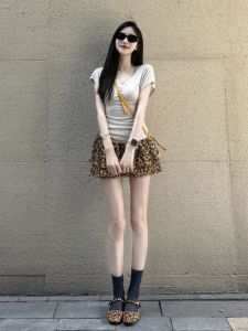 CHANGTONG | Vintage Stylish V-Neck Leopard Print Top and Skirt Set Summer