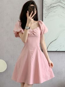 French Style Square Collar Bubble Sleeve Dress Women Summer New Sweet Anti-Aging Slimming Small A-Line Skirt Commute Elegant