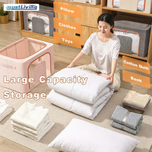 JustLiving 24/66/100L Foldable Clothes Storage Box with Steel Rack Stackable Wardrobe Linen Clothes Storage Box Sorting Box Large Folding Wardrobe Household Storage Basket Cloth Box Artifact