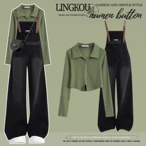 NUMEN BUTTON | Spring College Style Two-Piece Set Polo Shirt Retro Denim Overalls