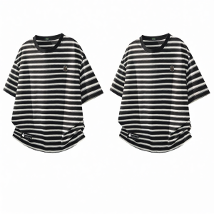 FINGERCROXX | Black and White Stripe Round Neck Casual Summer T-Shirt