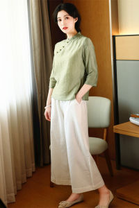 New Spring Summer Chinese Style Loose Thin Womens Top Breathable Two-Piece Set Tea Costume Vintage Button National Style