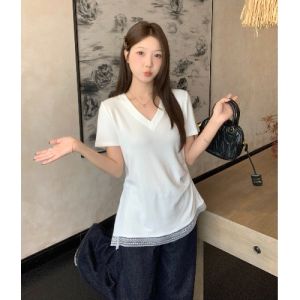 AIYITI | Lace Hem V-Neck Oversized Design T-Shirt