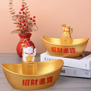 [EnidJuli] Waving Arm Fortune Cat Ornament Wealth And Fortune Candy Bowl Serving Bowl Chinese Feng Shui Yuanbao Rotation Solar Panel Dish Decor For Shop Champagne Cat