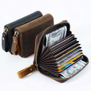Large Capacity Card Holder with Multiple Slots Genuine Leather Vintage Coin Purse Accordion Wallet Multi-Card Organizer