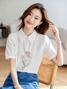 Elegant Polo Collar Short Sleeve White Shirt Womens 2025 Summer New Pure Cotton Top High-End Bubble Sleeve Blouse