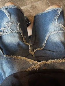 Retro American Star Embroidery Frayed Hem Denim Shorts Men Trendy Brand Ins High Street Cool Hip Hop Five-Point Pants