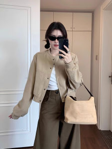 Khaki Woolen Baseball Jacket Short Coat Womens Autumn American Style Small Size Short Oversize Jacket Commute Straight Tube