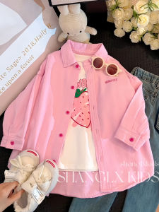 เสื้อแจ็คเก็ตเด็กผู้หญิงฤดูใบไม้ผลิและฤดูใบไม้ร่วง สีชมพูบาง ทรงเข้ารูป เสื้อผ้าเด็ก ผ้าฝ้ายแท้ 100% สไตล์เกาหลี
