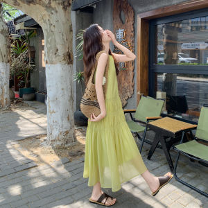 Fresh Green Sleeveless Dress Womens Loose French Style Summer New Lazy Vest Long Skirt Drawstring Splice Pleated A-Line Dress
