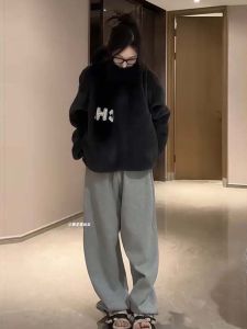Thickened Casual Sweatpants High Waist Long Wide Leg Pants Lazy Style Autumn Winter Ladies Trousers Comfortable Loose Fit
