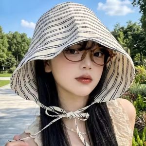 Summer Striped Wide-Brimmed Bandana Hat Sun Hat Women Foldable Bucket Hats With String for Beach Hiking & Outdoor