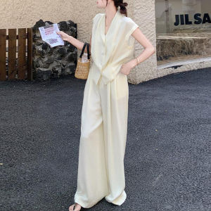 Shalldoer | Beige Sleeveless Shirt Wide Leg Pants Set Women Summer New Fashion Elegant Popular Two Piece Set V Neck Short Sleeve Casual Wear