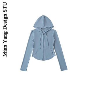 Slim Fit Long Sleeve Cotton Hoodie Womens Thin Sportswear Summer Outerwear Pure Color Zipper Pocket Short Coat