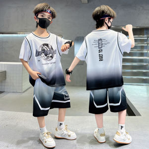 Boys Basketball Uniform Short Sleeve Training Suit Quick Dry Fake Two-Piece Set Youth Trendy Customizable Childrens Sportswear