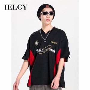 IELGY American Style Retro Mens T-shirt Stitching Stripe Color Contrast Embroidered Letters Round Neck Short Sleeve Mens Loose Summer Jersey