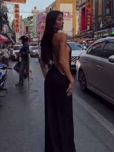 Women Halter Backless Bodycon Maxi Dress Open Back Spaghetti Strap Gold Ring Evening Party Gown Summer Beach Long Dress 2026 New