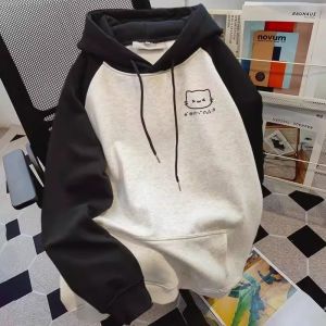PAZHAOLANG | Big Size Hand-drawn Cat Design Hoodie with Raglan Sleeve Contrast Color 300jin