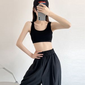 Sports Bralette Tank Top Womens Strapless Vest Built-In Chest Pad Square Collar Breathable Casual Short Sleeve Underwear