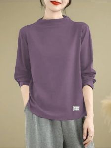 Áo Thun Cotton Dài Tay Cổ Cao Cho Nữ Mùa Xuân Thu Đa Năng Che Bụng Cỡ Lớn Thời Trang Trẻ Trung Áo Lót Cơ Bản