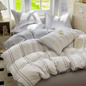 ชุดเซตผ้าปูเตียงแบบสองโทนสีลายทางมินิมอลชุดเครื่องนอนสไตล์เกาหลีชุดเดี่ยว/Super Single/ควีน/ผ้าคลุมเตียง